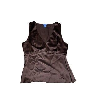 WHITE AND WARREN Medium Silk Top Brown Blouse Tank Babydoll Quiet Luxury V Neck